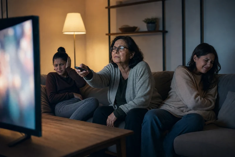 Aurivit: mulher vê televisão com o volume alto e a família faz careta