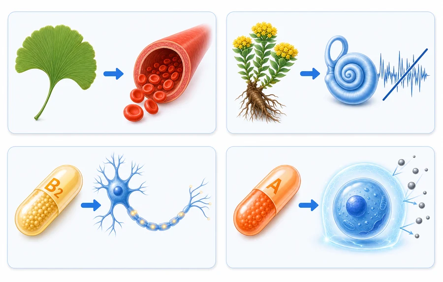Aurivit: esquema de ação dos quatro componentes — ginkgo, rodíola, vitaminas B2 e A