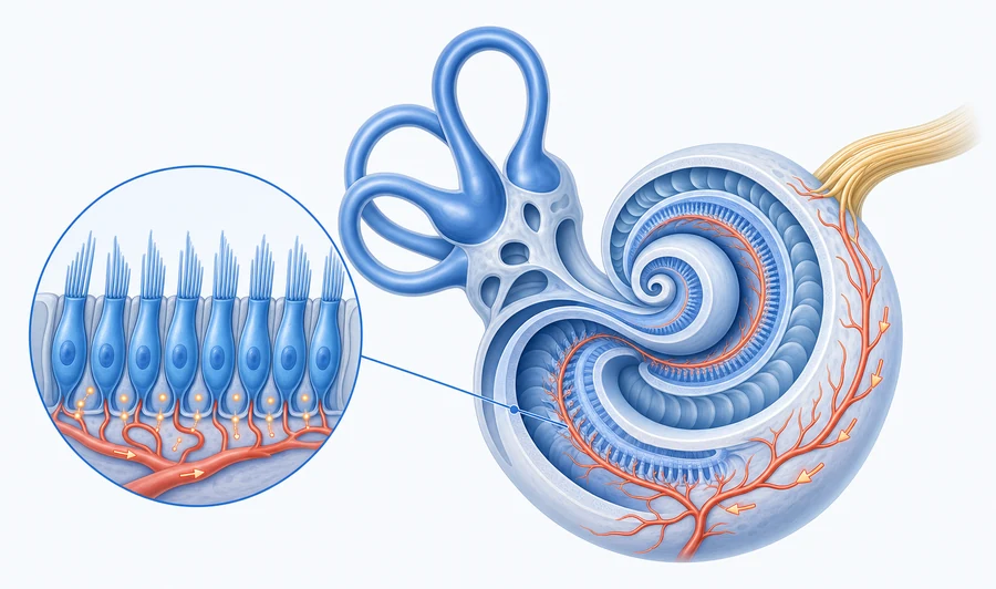 Aurivit: esquema do ouvido interno e do fluxo sanguíneo para as células ciliadas